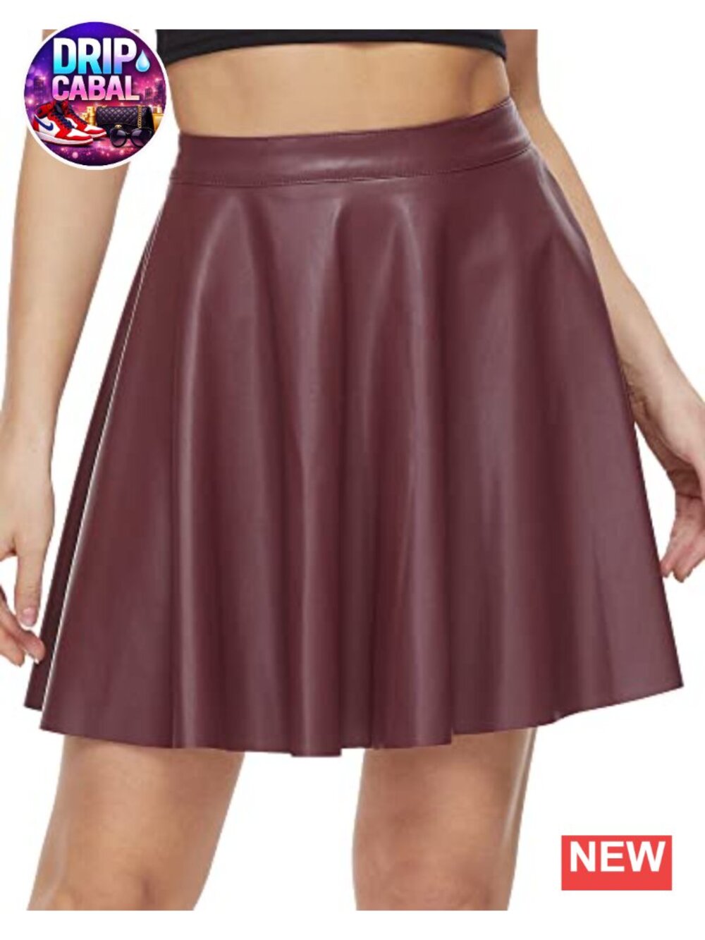 Faux Leather Skater Skirt, Women's Black Pleated Plus Size Mini A-line High